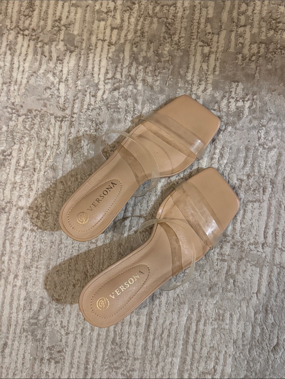 Versona Tan Nude Clear-Strap Slide Heels